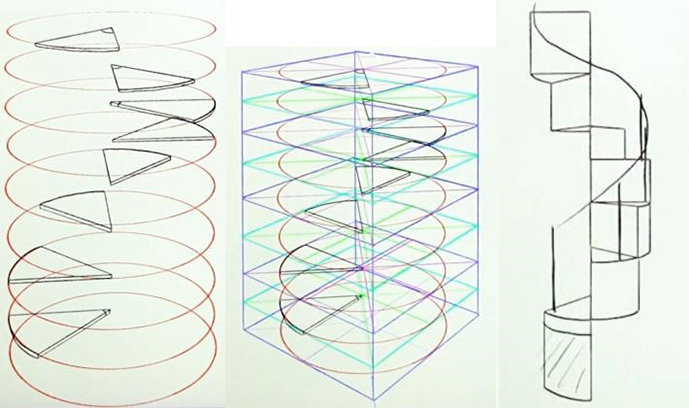 使用两点透视绘制螺旋楼梯！
